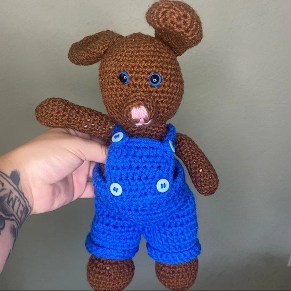 𝅺handmade Brown Crochet Rabbit with Blue Overalls. - Picture 1 of 3